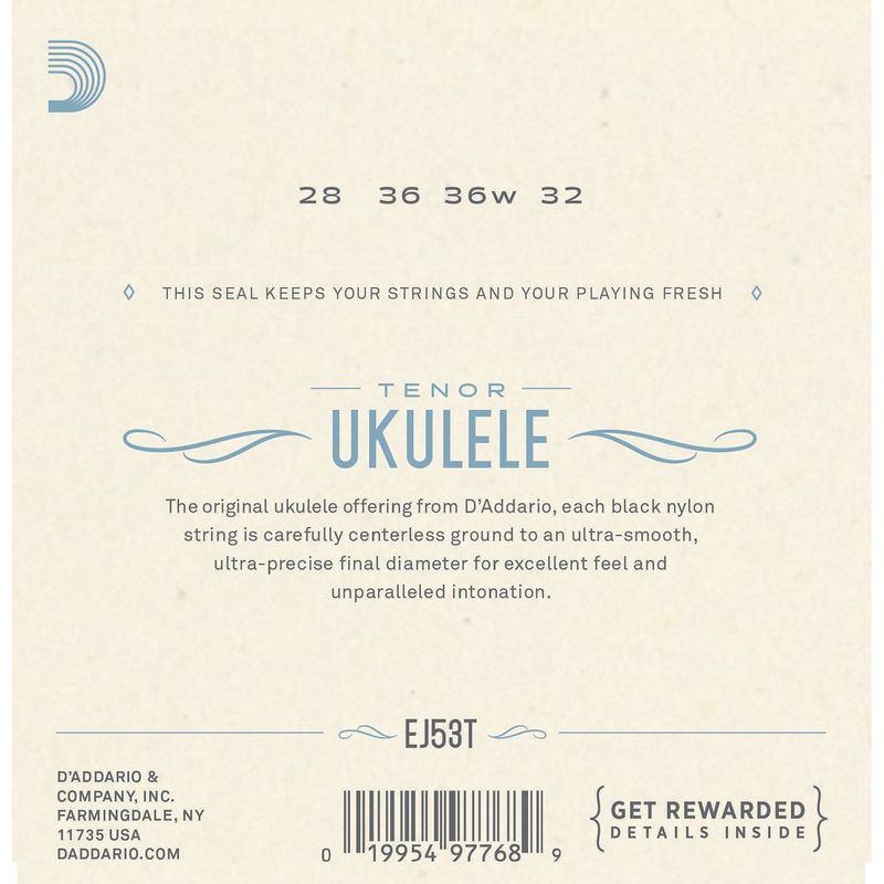 D'Addario EJ53T Ukulele-strenger Tenor-ukulele, Hawaiian Black Nylon
