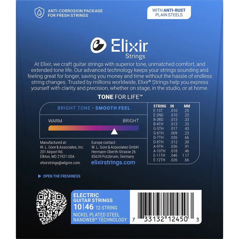 Elixir Nanoweb Elgitarstrenger 12450, 12-strengs, Light, 010-046