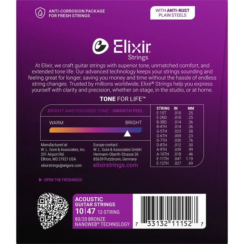 Elixir 11152 Nanoweb 12-str. ak. gitarstr. 80/20 Bronze 010-047