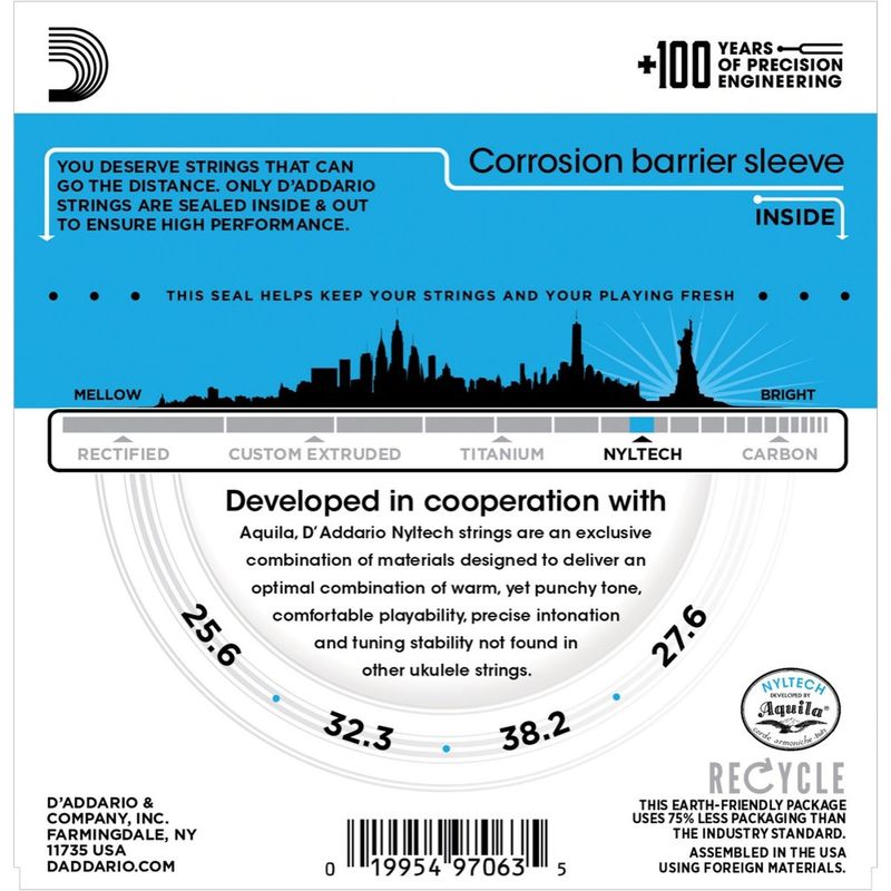 D'Addario EJ88T Ukulele-strenger Tenor-ukulele, Nyltech